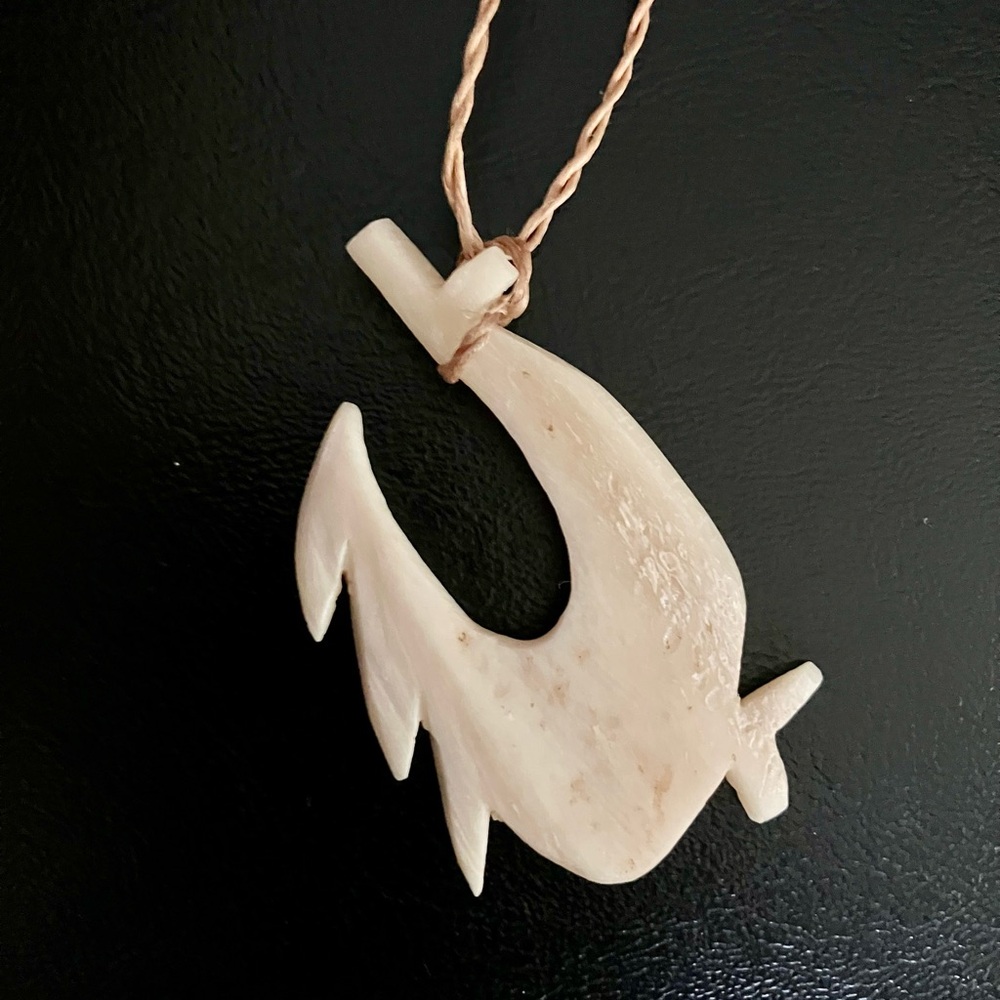 Carved Bone Fish Hook Pendant Necklace